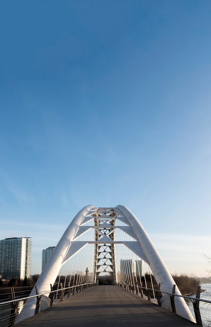 our-story View of the Humber Bay Arch Bridge with clear blue skies in Toronto.